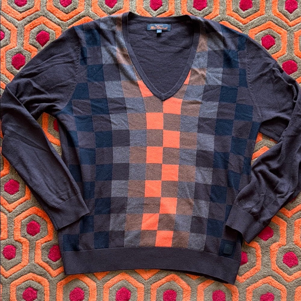 Ben Sherman Orange checkered V-Neck Sweater Pullover Men's Large
